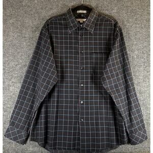 Geoffrey Beene Dark Navy Plaid Men Button Poplin Size Large 100% Cotton